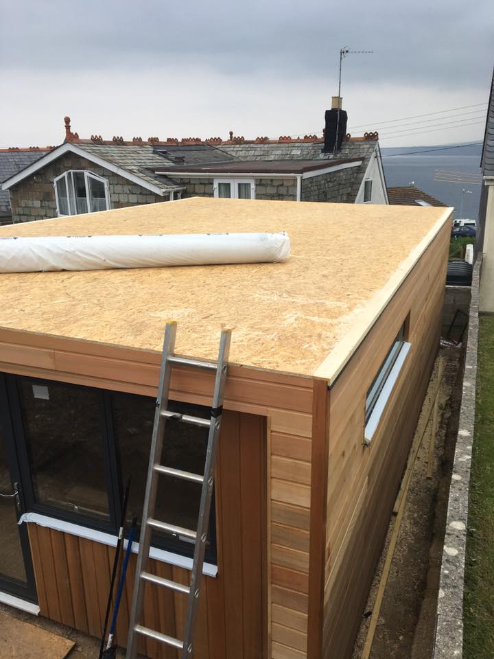 A timber-clad extension with an OSB board flat roof deck, a rolled roofing membrane, and a ladder propped against the wall.